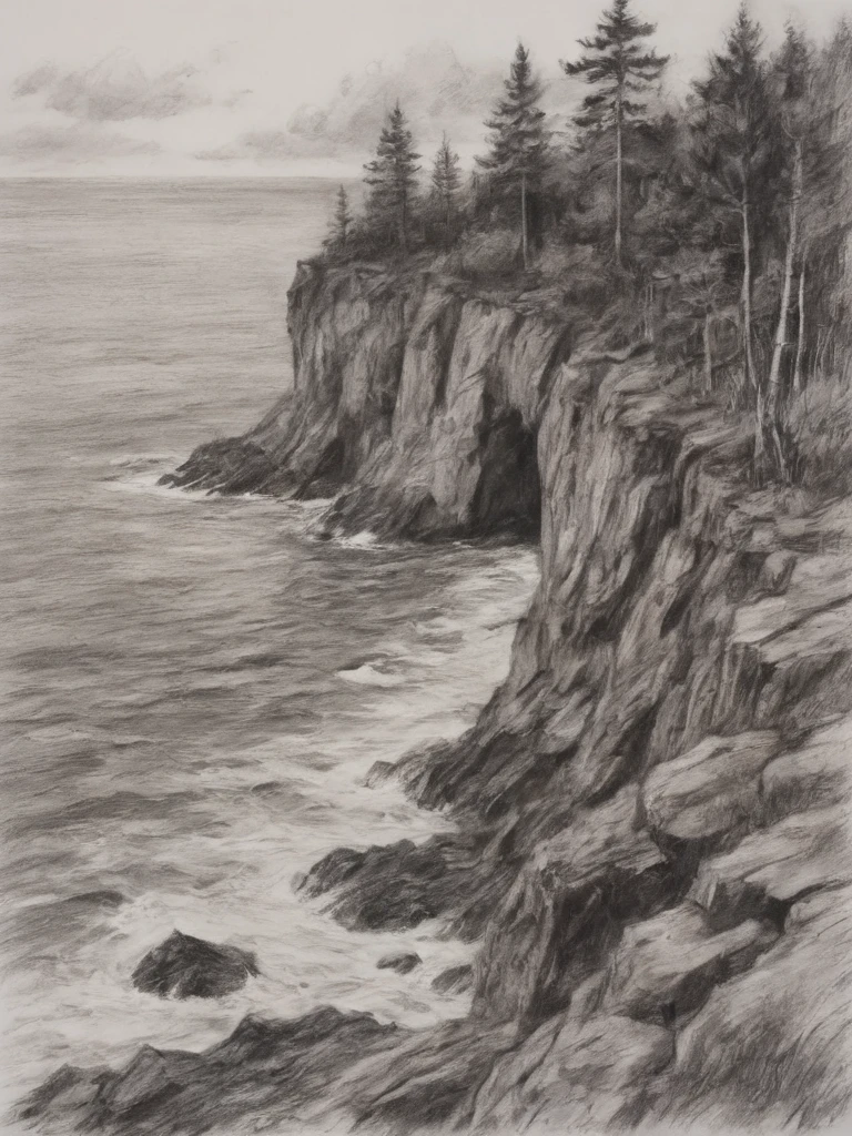sea coast, forest, cliff in the foreground, rocky shore, storm<lora:A_Graphite_Style:1> graphite_charcoal, (very bold strokes), paper grain, sketch,