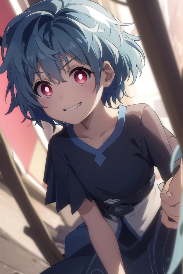 kohinahiruko, <lora:kohina hiruko s1-lora-nochekaiser:1>,
kohina hiruko, short hair, (red eyes:1.3), (bright pupils:1.5), streaked hair, blue hair, smile, grin,
BREAK dress, blue dress, short sleeves, frills,
BREAK outdoors,
BREAK looking at viewer, (cowboy shot:1.5),
BREAK <lyco:GoodHands-beta2:1>, (masterpiece:1.2), best quality, high resolution, unity 8k wallpaper, (illustration:0.8), (beautiful detailed eyes:1.6), extremely detailed face, perfect lighting, extremely detailed CG, (perfect hands, perfect anatomy),