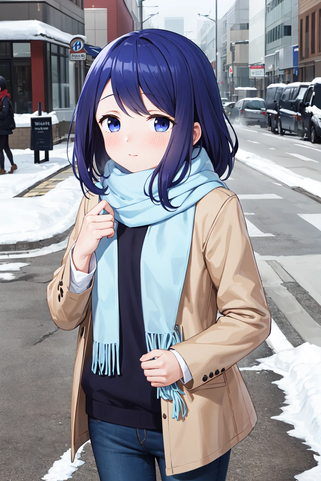masterpiece, best quality, highres, 1girl, solo, medium hair, blue hair, blue eyes, <lora:kubo_saki_v1:0.7>, winter clothes, scarf, snow, street, cowboy shot,