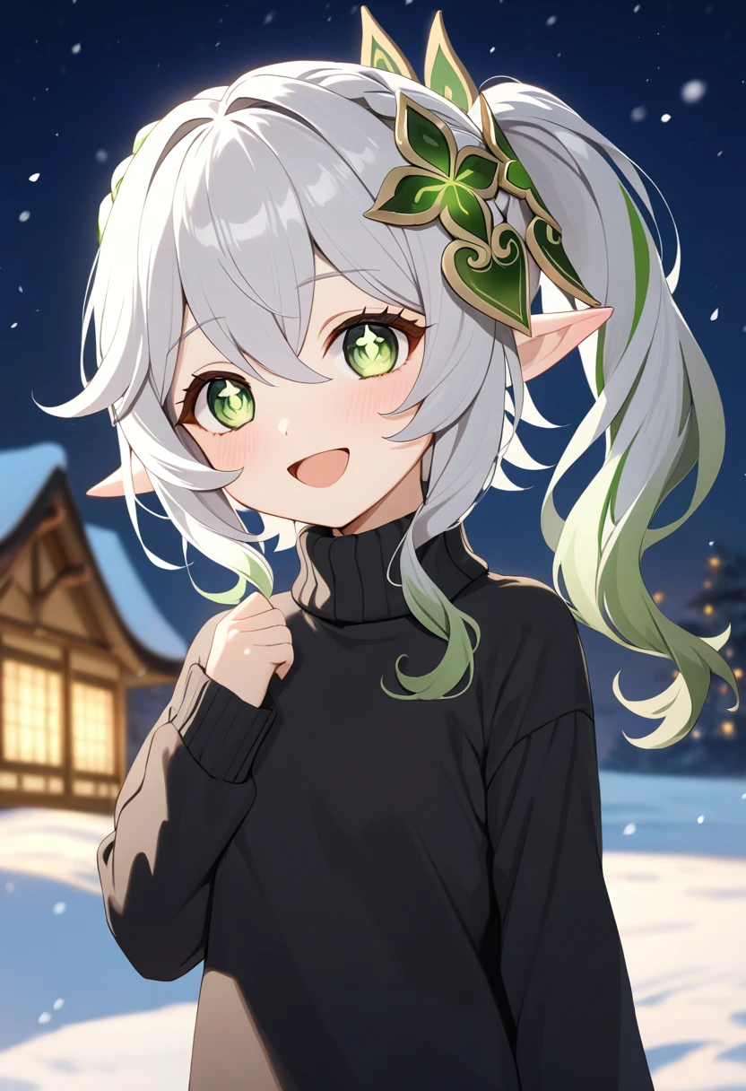 1girl, nahida \(genshin impact\), genshin impact,
short hair, wavy hair, side ponytail, silver hair, streaked hair, green eyes, black sweater, turtleneck sweater, open mouth, smile, pointy ears, leaf hair ornament,
snow, field, blurry background, night,
masterpiece, best quality,