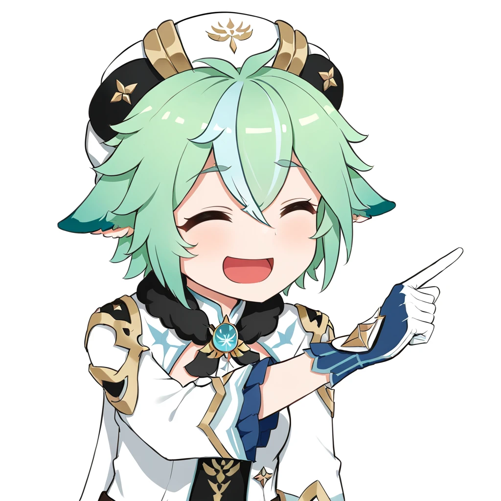 <lora:xl_ð¤£ð2_a3:1>,ð¤£ð pose,solo,closed eyes,pointing,open mouth,smile,^ ^,:d,white background,simple background,Sucrose \(genshin impact\),gloves,, masterpiece, best quality,
