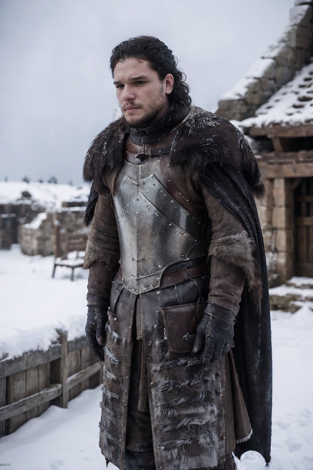 kitharington, a man, wearing medieval armor and fur clothes in snowy landscape <lora:kitharington:0.85>