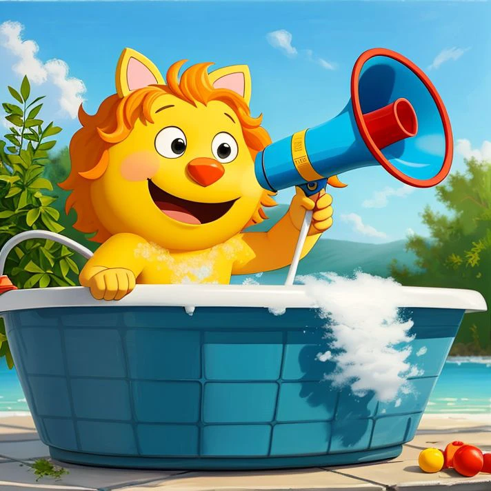 A very silly cartoon having a bath with a megaphone <lora:SD15-Megaphone-LoRA:0.8>, Eric Wallis