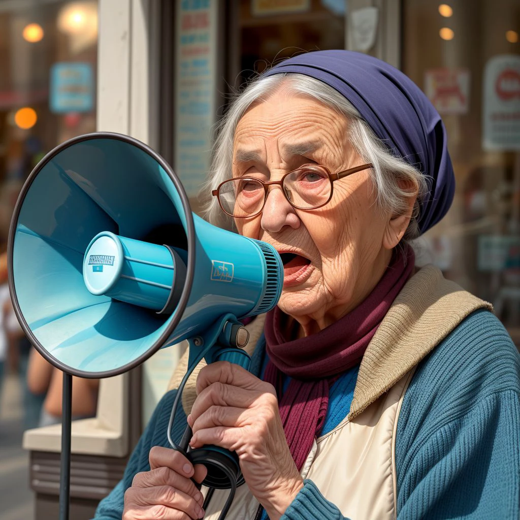 A old woman holding a megaphone inside an icecream place <lora:SD15-Megaphone-LoRA:0.8>