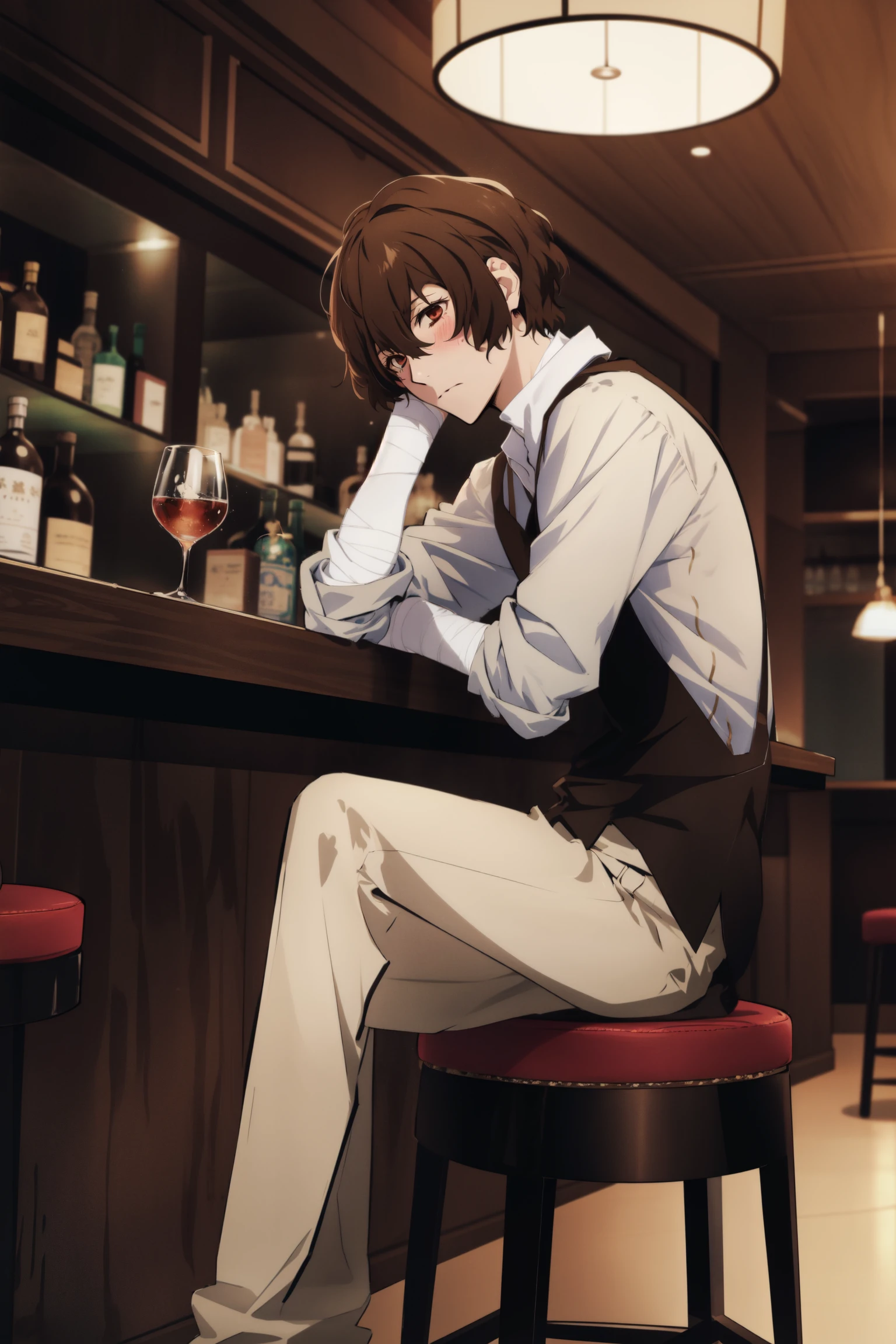 (masterpiece, best quality, highres, absurdres),<lora:GoodHands-vanilla:1.5>,  <lora:Dazai:0.9>, dazai, male focus, 1boy, brown hair, brown eyes, bandages, hair between eyes,   short hair,   drunk, bar, bar counter, wiskey, drinking, full-face_blush, depressed, looking down, darkness,  sitting, bar stool, scenery