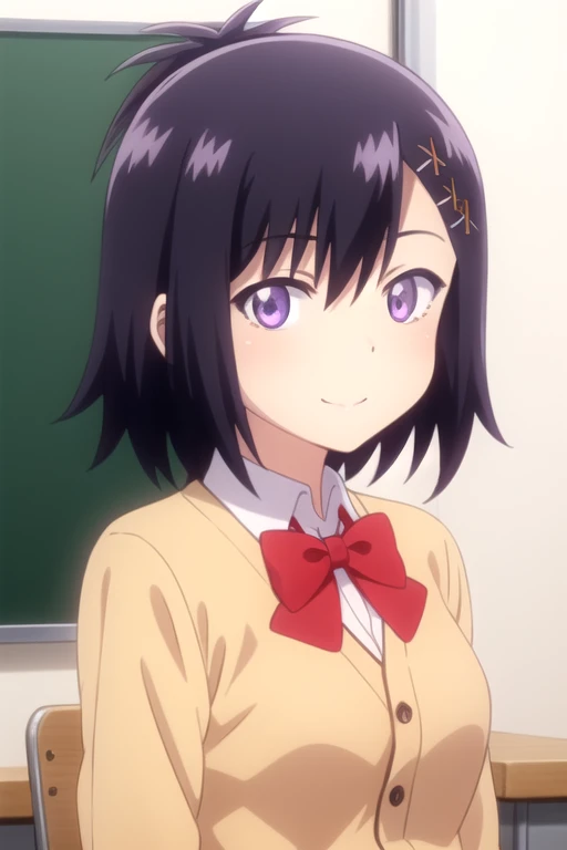 ((masterpiece)),(best quality),official art,extremely detailed CG,unity 8k wallpaper,ultra detailed,beautiful detailed eyes,extremely detailed face,classroom,1girl,solo,upper body,(portrait:1.5),looking at viewer,facing viewer,smile,short_hair,purple_hair,topknot,x_hair_ornament,hairclip,hair_between_eyes,purple_eyes,orange_cardigan,red_bowtie,collared_shirt,white_shirt,medium_breasts,plaid_skirt,pleated_skirt,black_socks,uwabaki,<lora:Vignette Tsukinose April(gdp)>,
