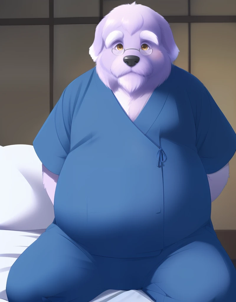 (((detailed eyes, detailed face))), (furry, shigure <lora:character_shigure_findigo_v2:1>, purple hair, facial hair, white thick eyebrows, dog boy, snout, old man, brown eyes), male, (solo), (plump, fat, chubby, overweight), (blue kimono, short sleeves, blue pants, small glasses), sitting, (arms behind back), smile BREAK (konzaburou, ukan_muri, cute), bedroom, (flat shading, flat color, high brightness), 8k, UHD, masterpiece, (full body)