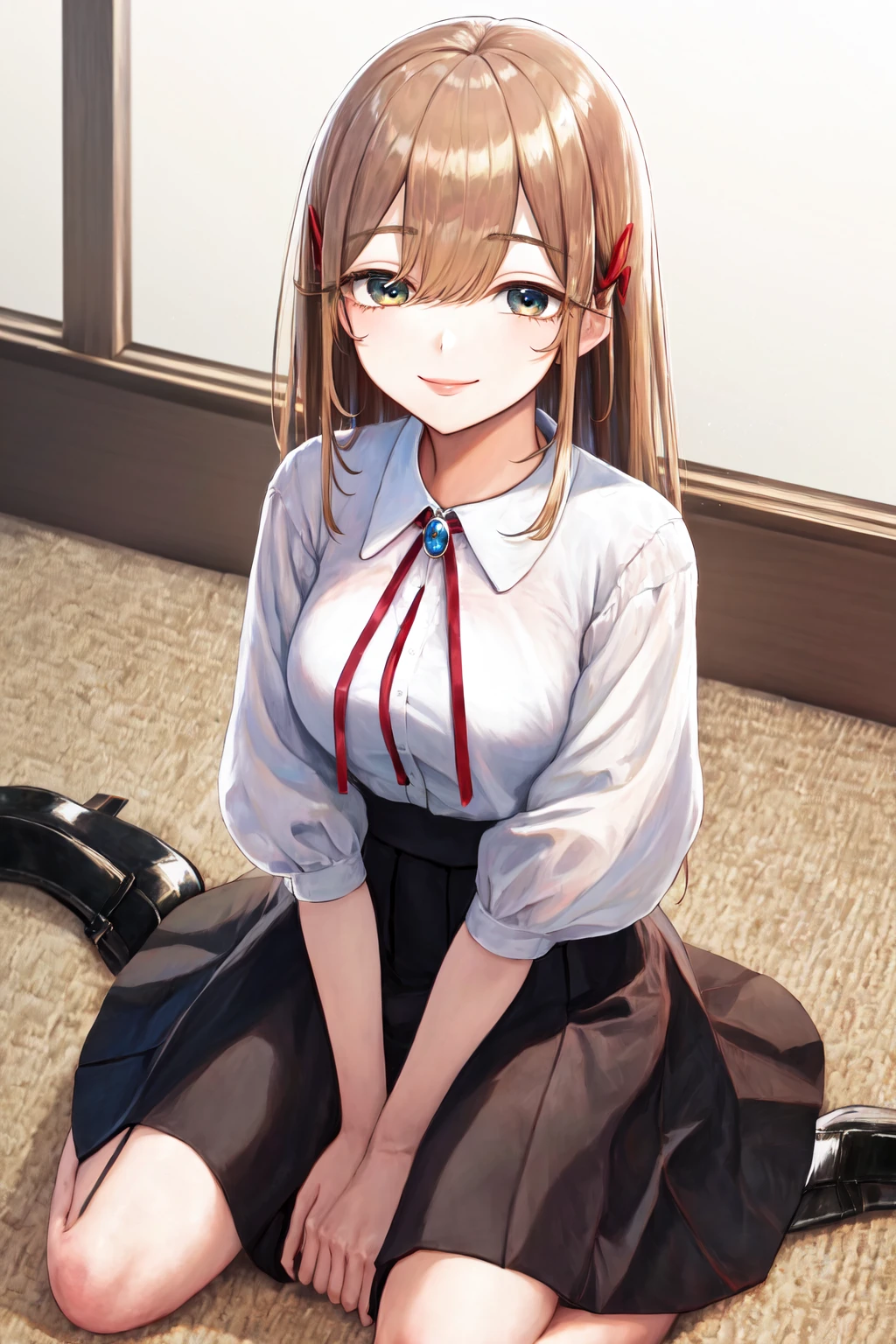 masterpiece, best quality, highres, 1girl kusakabe hiyori brown hair, black skirt neck ribbon red ribbon jewelry white dress <lora:kusakabe_hiyori_d32:1> sitting, wariza, smile