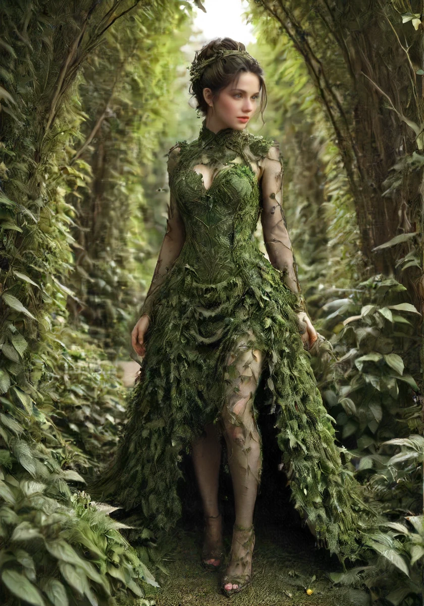 a fine lady wearing a dress that is made out of  shrubbery and (twigs:1.1) and branches, <lora:- SDXL - shrubbery_n_green-stuff_V1.0:.8>