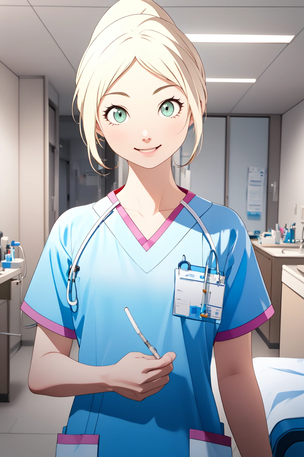 <lora:angela_thompson_v1_2-000003:1>, angela_thompson, (RAW photo, best quality), masterpiece, light smile, natural lighting, 1girl,
hospital operating room, hospital exam room, surgical light,
<lora:ClothingMedicalScrubs0:0.8> scrubs