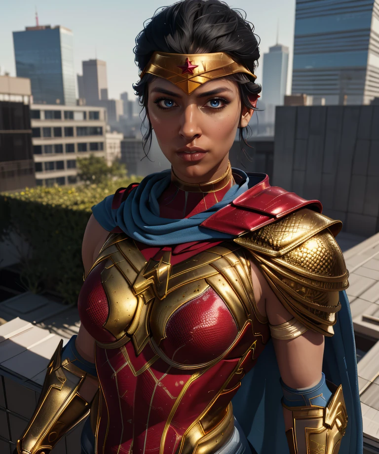 diana,black hair,blue eyes,hair bun,short hair,
red chest plate,gold trim,single shoulder pad,gold headband,
standing,upper body,serious,looking at viewer,
metropolis,morning,rooftop,
(insanely detailed, masterpiece, best quality),solo,<lora:wonderwomanSQ:0.8>,