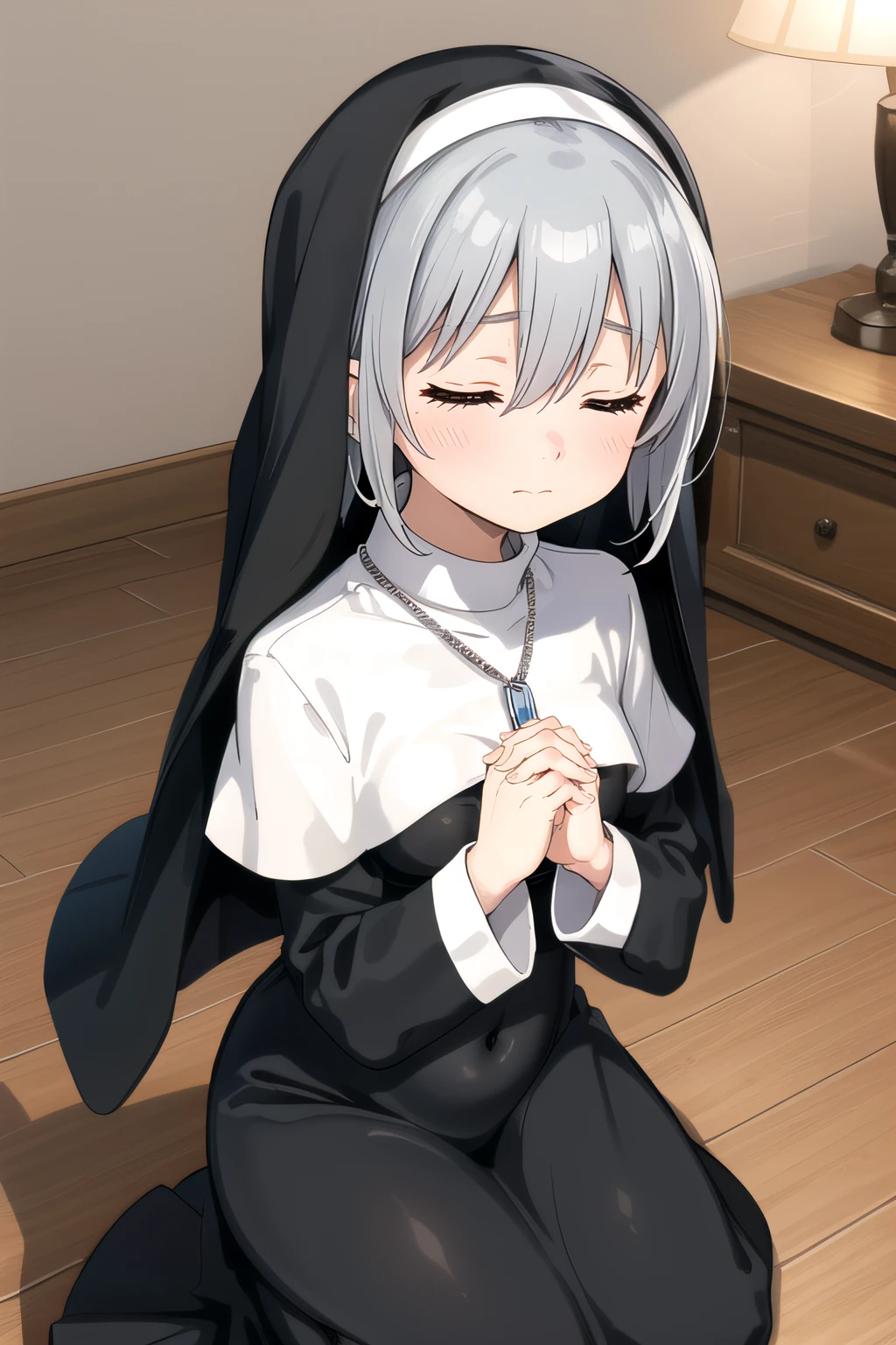 (masterpiece:1.2), best quality, high resolution, unity 8k wallpaper, (illustration), extremely detailed face, perfect lighting, extremely detailed CG, 1girl, solo, <lora:Ghost_SisterV2:0.6>, gsister, nun, habit, necklace, dress, black dress, taut dress, hair between eyes, jewelry, indoor, small breasts, covered navel, long sleeves, closed eyes, closed mouth, sad expression, silver hair, [five fingers], embarrased, blush, kneeling, seiza, frontal view, (prayhands, interlocked fingers, own hands together)