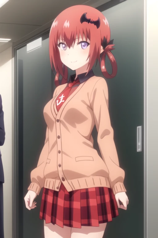 ((masterpiece)),(best quality),official art,extremely detailed CG,unity 8k wallpaper,ultra detailed,beautiful detailed eyes,extremely detailed face,indoors,1girl,solo,cowboy shot,looking at viewer,facing viewer,smile,long hair,red_hair,hair_rings,black_ribbon,bat_hair_ornament,sidelocks,hair between eyes,purple_eyes,orange_cardigan,red_necktie,inverted_cross,collared_shirt,black_shirt,medium_breasts,red_skirt,plaid_skirt,pleated_skirt,black_socks,loafers,<lora:Satanichia Kurumizawa McDowell(gdp)>,