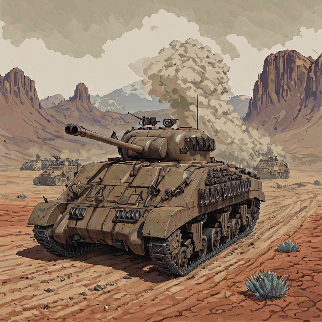 The Sherman M4 tank, a powerful fighting vehicle, stands on the battlefield, ready for battle. Its massive metal construction and armor give it an imposing appearance. Its cannon contains firepower capable of inflicting serious damage to the enemy. A sense of strength and maneuverability is conveyed through the tracks and wheels. The Sherman M4 tank is a symbol of war and determination, ready to fight for victory on the battlefield. <lora:Sherman:0.8>