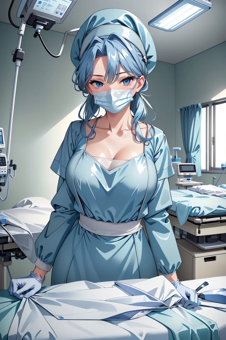 ((masterpiece, best quality,lower_body)), operating table,medical monitors,hospital bed,  <lora:Ryouko Makimura:0.7> (ryouko makimura, 1girl, solo, blue hair, blue eyes, long hair, collarbone, cleavage,mature_female), <lora:surgical_v3:0.9> (surgical_uniform_3.0, surgical mask, gloves,surgical cap,long sleeves),