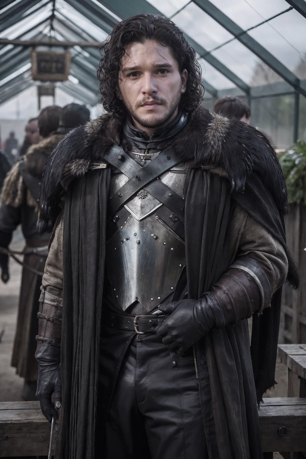 kitharington, a man, wearing medieval armor and fur clothes in greenhouse <lora:kitharington:0.85>