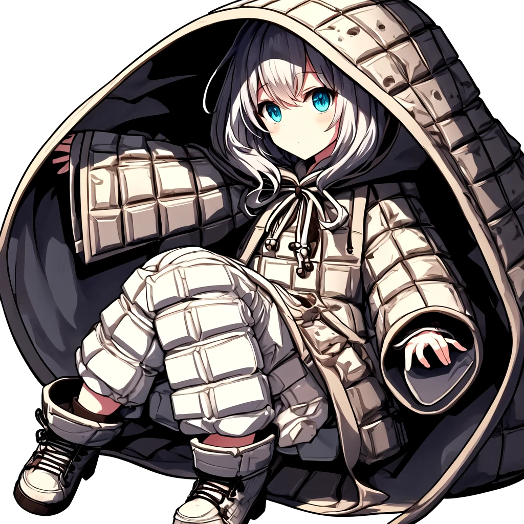 Create a vivid anime image of a vivid young anime girl. Her hair, eyes and skin should be light grey. She is wearing a white thick baggy long armored hooded robe with white ribbon, scarf and long boots.
1girl, solo, (hood up:1.5), <lora:itachokoishou_v1:1>, itachokoishou