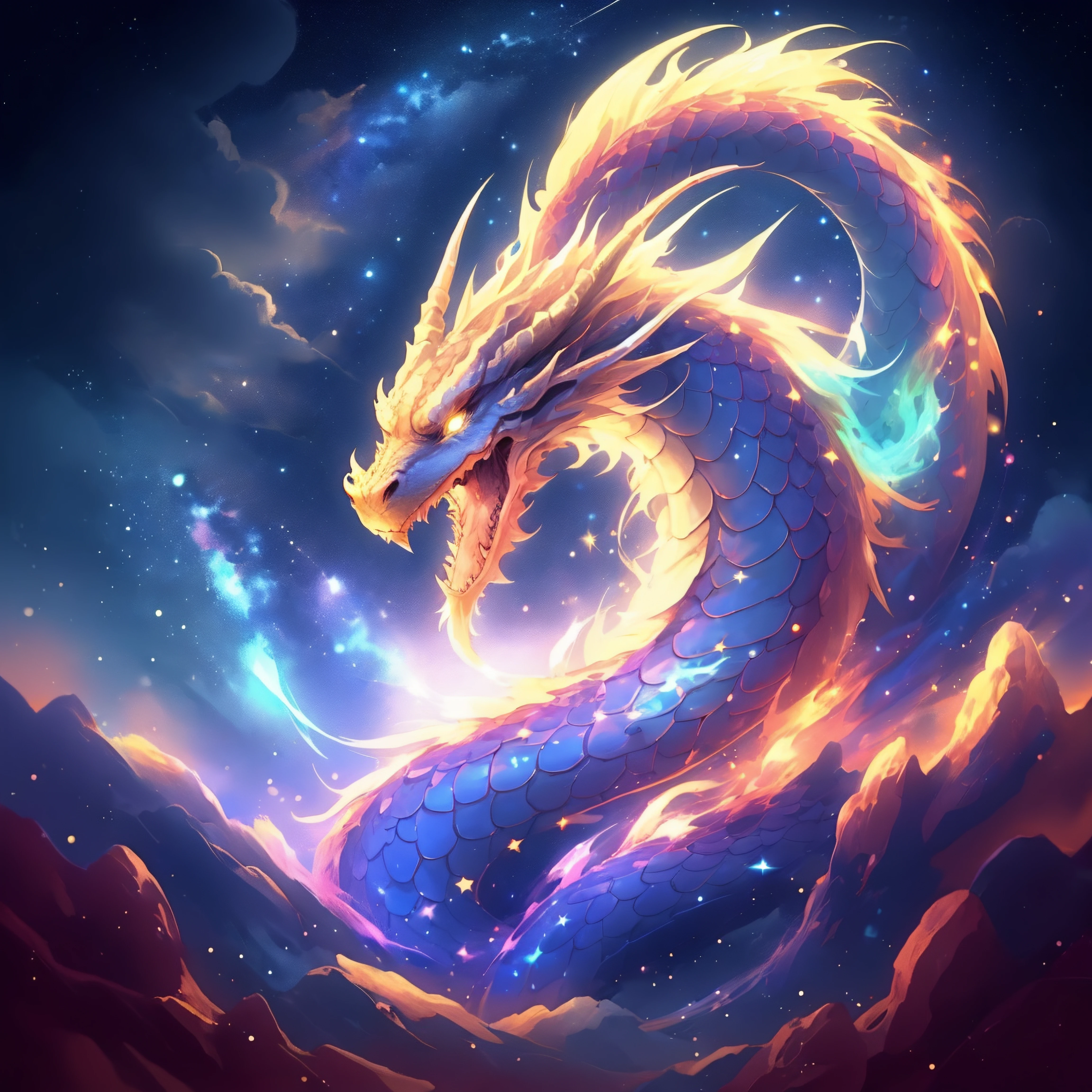 dragon, land, dragon stars, (stars:1.2), Sparkle, (univese:1), sky, anime, glow, bright, illuminated, <lora:SparkleDragons:0.45>, <lora:DragonsAbstract:0.3>
