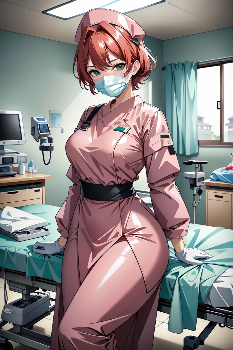 ((masterpiece, best quality,lower_body)), operating table,medical monitors,hospital bed, <lora:Kazumi Takayama:0.7> (kazumi takayama, short hair, green eyes, red hair, large breasts),  (bloody_surgeon_v1.0, gloves, mask, surgical mask,surgical cap, stethoscope,latex,long sleeves), blood on face, blood on clothes, <lora:surgical_v3:0.8> (surgical_uniform_3.0, surgical mask, gloves,surgical cap,long sleeves),