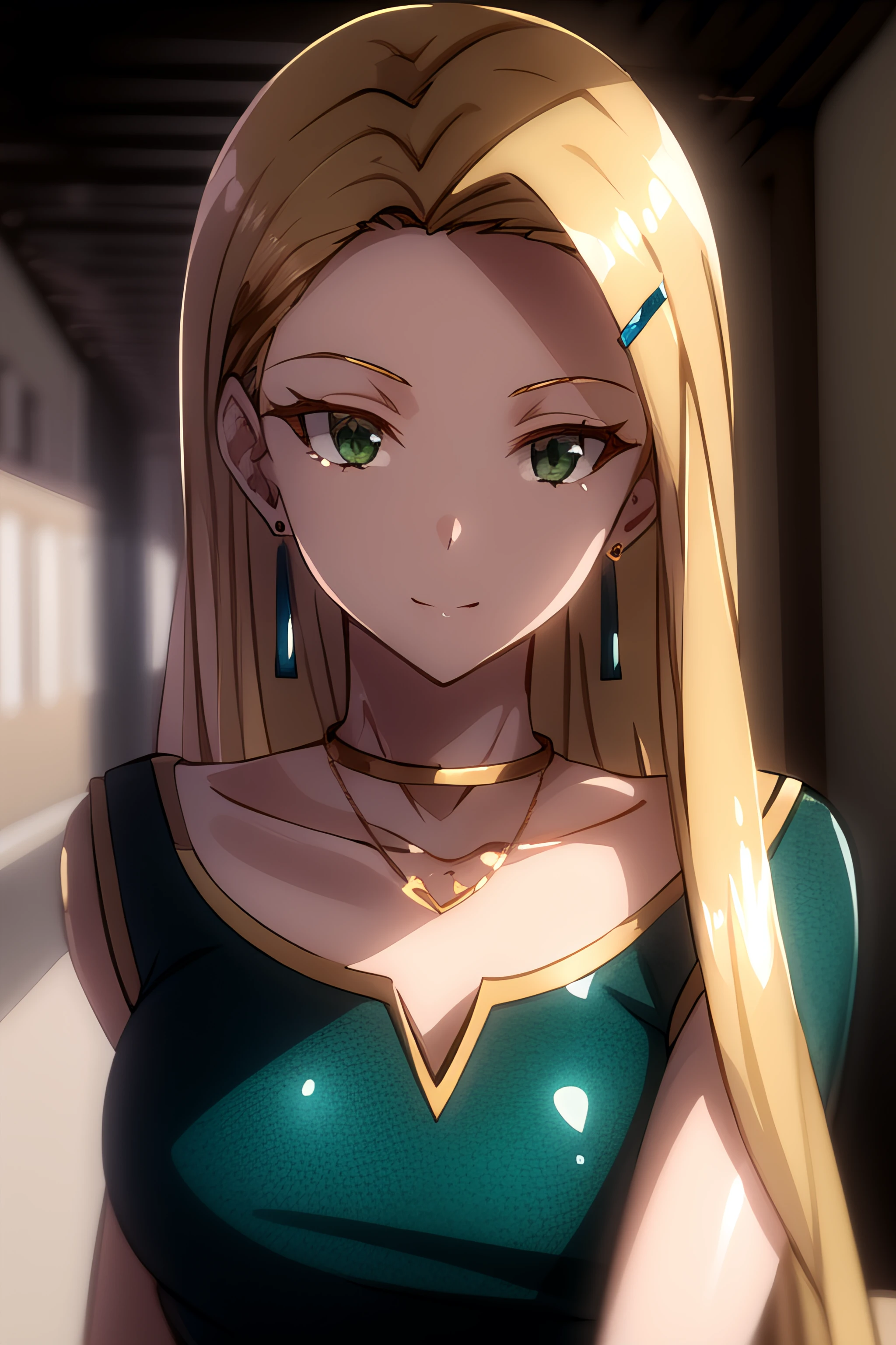 <lora:Chiffon Jahil:1>, Chiffon Jahil, dark-skinned female, blonde hair, long hair, green eyes, earrings, jewelry, necklace, hairclip, cowboy shot,crossed legs,, (((masterpiece, best quality, ultra-detailed, ray tracing))), deph of field, (perfect face, detailed face),shiny eyes, fair skin,((high quality face, soft skin )), (collarbone, cinematic light, cinematic shadow),
