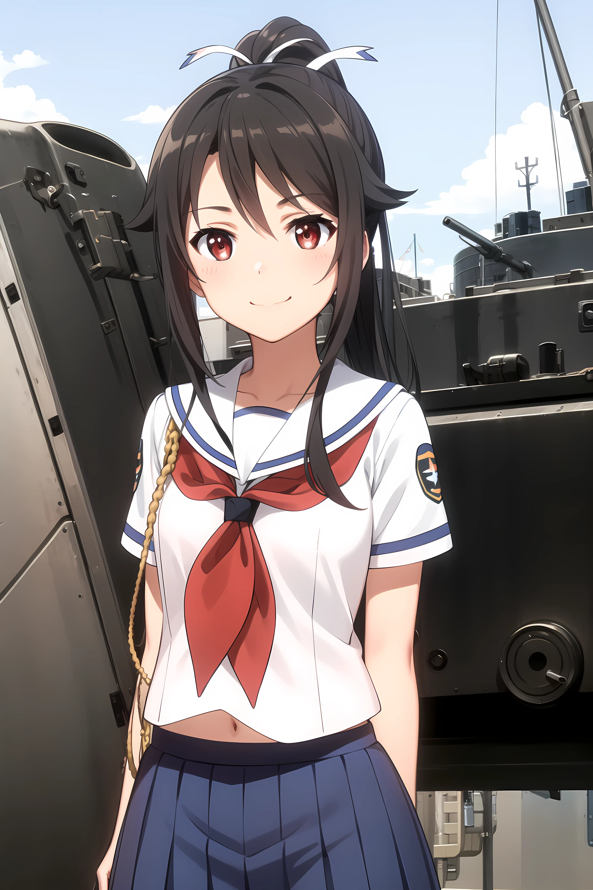 best quality, masterpiece, detailed,
<lora:HighSchoolFleet_MunetaniMashiro_1:0.9>, MunetaniMashiro,
1girl, closed mouth, light smile,
brown hair, red eyes, ponytail, hair ribbon, white ribbon,
serafuku, white shirt, aiguillette, red neckerchief, blue skirt, short sleeves,
standing, looking at viewer, arms at sides,
outdoors, (ship, military vehicle:1.2)