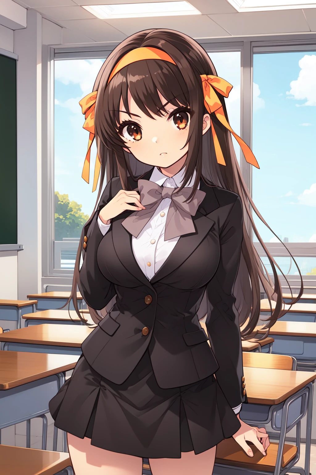 1girl, cowboy shot, classroom, serious,
haruhisuzumiya, brown eyes, brown hair, long hair, hair ribbon, hairband, black blazer, collared shirt, long sleeves, (black skirt:1.2), <lora:suzumiya_haruhi_lora_ver1:0.7>, best quality, masterpiece, highres, <lora:GoodHands-vanilla:1>