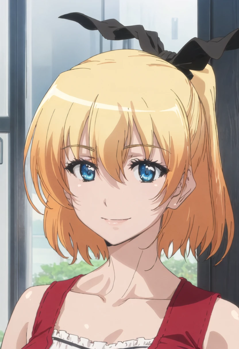 best quality, masterpiece, highres, solo, {iria_fukumune_soicantplayh:0.90}, 1girl, hair_between_eyes, bangs, looking_at_viewer, closed_mouth, collarbone, bare_shoulders, upper_body, anime_coloring, sleeveless, portrait, smile