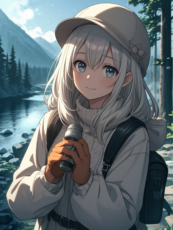 1 woman ((upper body selfie, happy)), masterpiece, best quality, ultra-detailed, solo, outdoors, (night), mountains, nature, (stars, moon) cheerful, happy, backpack, camping stove, water bottle, mountain boots, gloves, sweater, hat, flashlight, forest, rocks, river, wood, smoke, shadows, contrast, clear sky, analog style (look at viewer:1.2) (skin texture) (film grain:1.3), (warm hue, warm tone:1.2), close up, cinematic light, sidelighting, ultra high res, best shadow, RAW, upper body, wearing pulloverbackground, natural skin:0.5