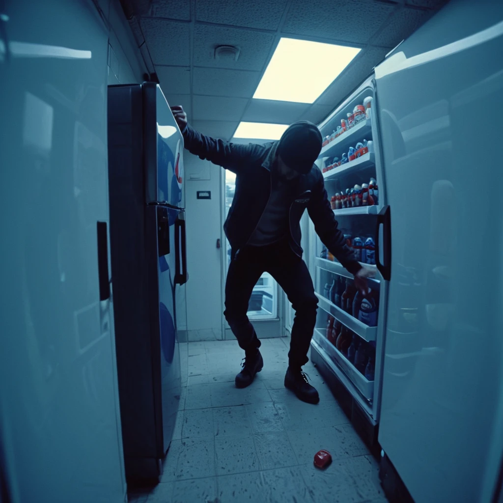 Filmed from a head mounted camera, a man opens the fridge and reaches in for a bottle of Pepsi inside a small refrigerator, futuristic, cinematic, intricate, elegant, highly detailed, focus, dramatic light, ambient, full color, chosen composition, sharp detail, inspired, innocent, beautiful, pure, aesthetic, great, perfect, artistic, ideal, atmosphere, very inspirational