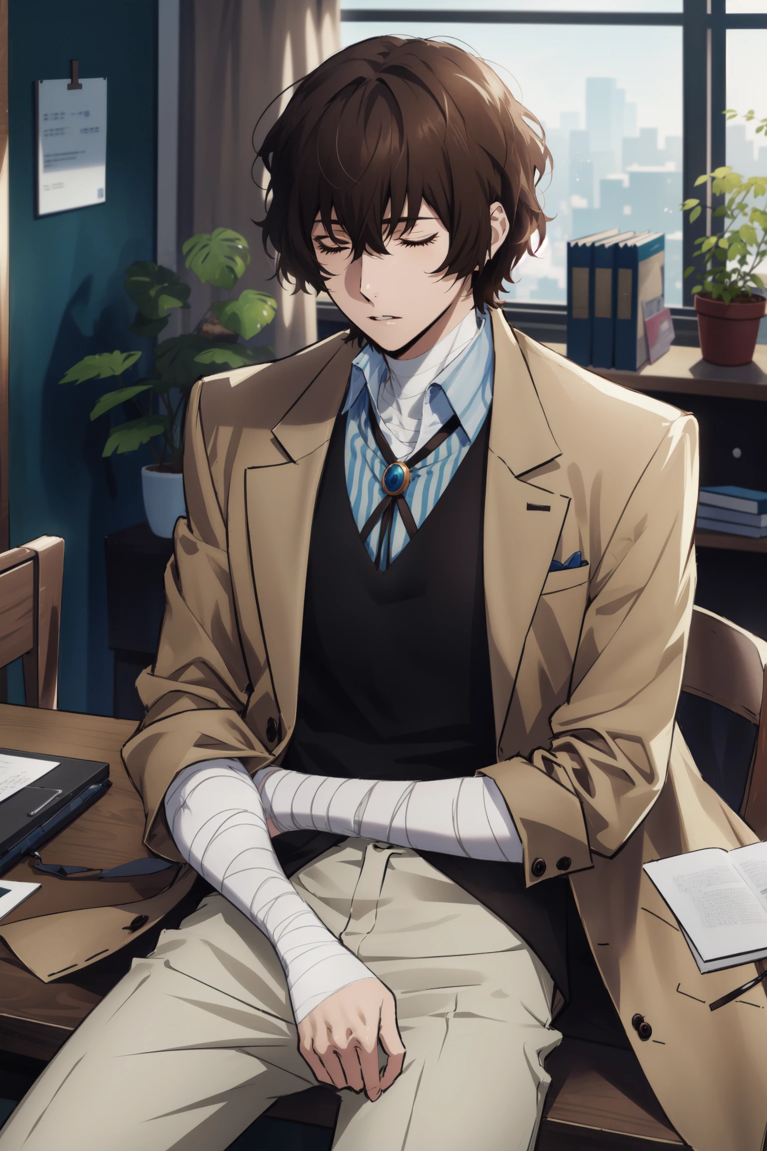 (masterpiece, best quality, highres, absurdres),<lora:GoodHands-vanilla:1.5>,  <lora:Dazai:0.85>, dazai, male focus, 1boy,  solo, brown hair, bandages, hair between eyes,  short hair, scenery,  jewelry, white pants, vest, brown coat,  shirt, sleeping on table, lying on table,   parted lips, office, office table, plants,