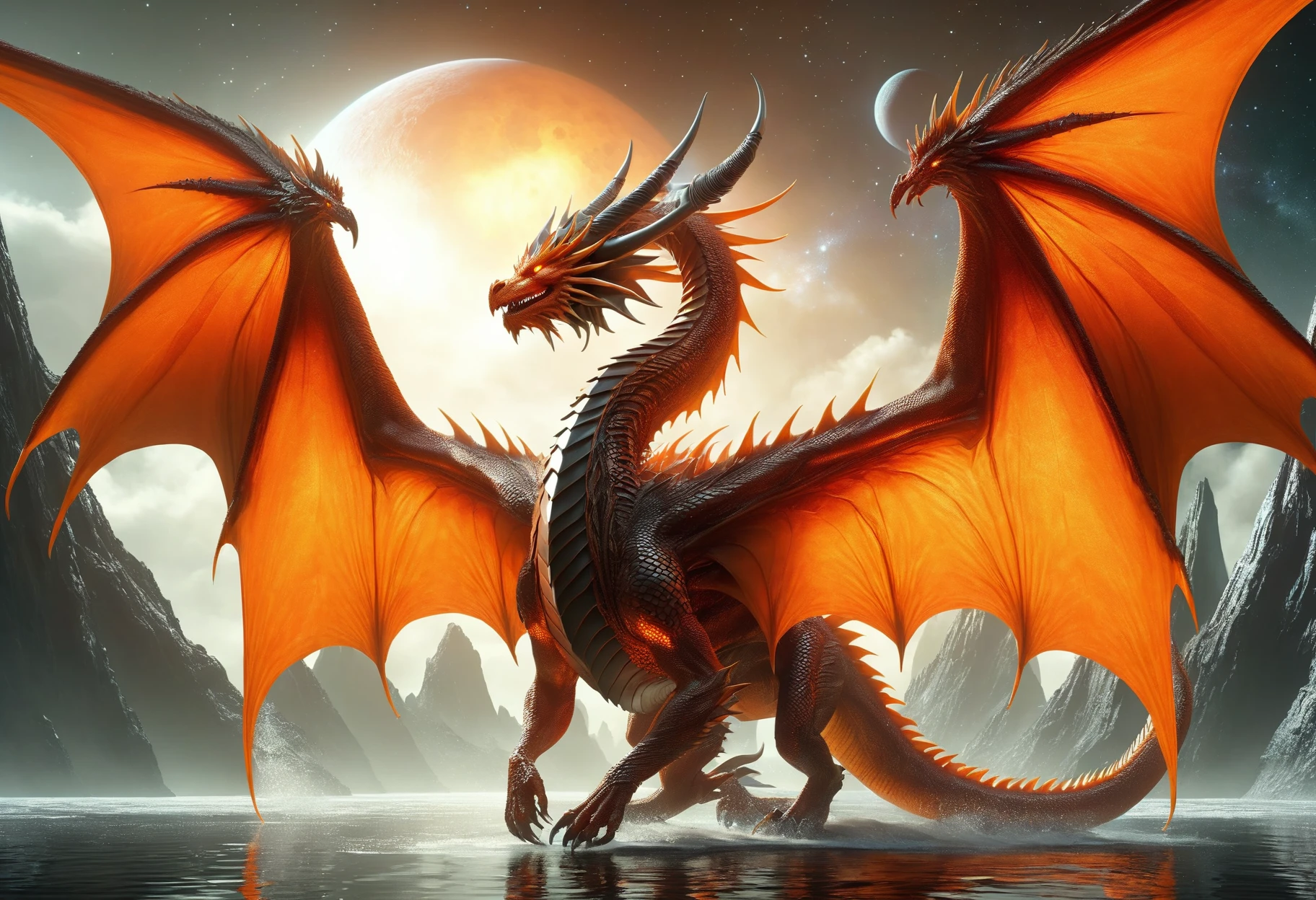awesome quality, dynamic,DonMDr4g0nXL dragon from behind,wings attached to back, orange solid water, infuse time-traveling galactic empire <lora:myLora\DonMDr4g0nXL-v2rb:1>,