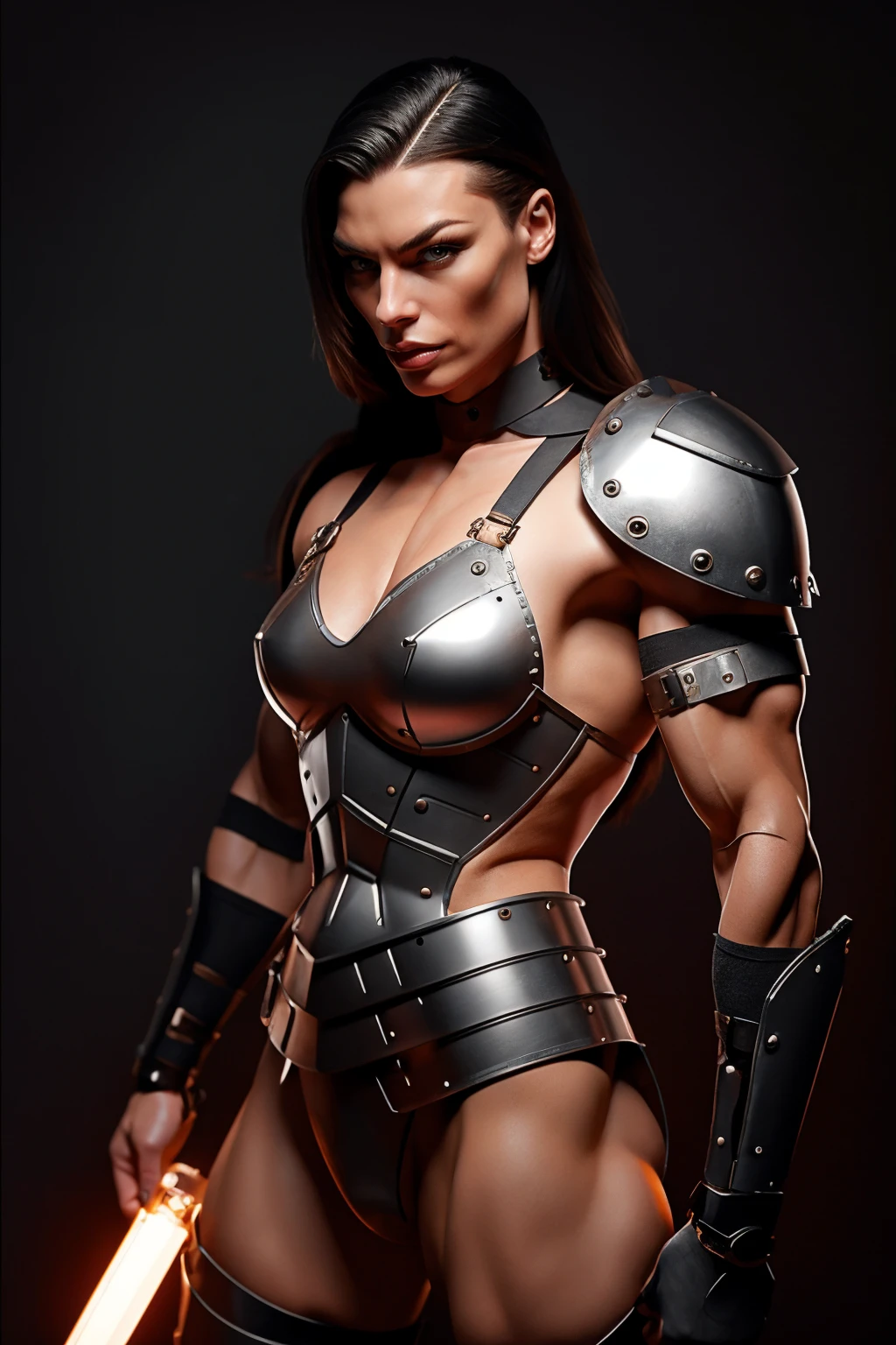 Strong muscular girl femalebodybuilder with metalic tones chrome mediaval with sword