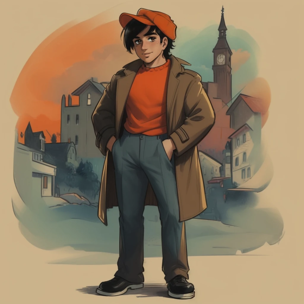 (masterpiece, best quality:1.3), 1boy, solo, looking at viewer, mature man, closed mouth, smile, Yabuki Joe, black hair, orange shirt, bangs, brown eyes, hat, orange hat, jacket, popped collar, open clothes, cap, trench coat cowboy shot, full body, town, <lora:Yabuki Joe:.7>