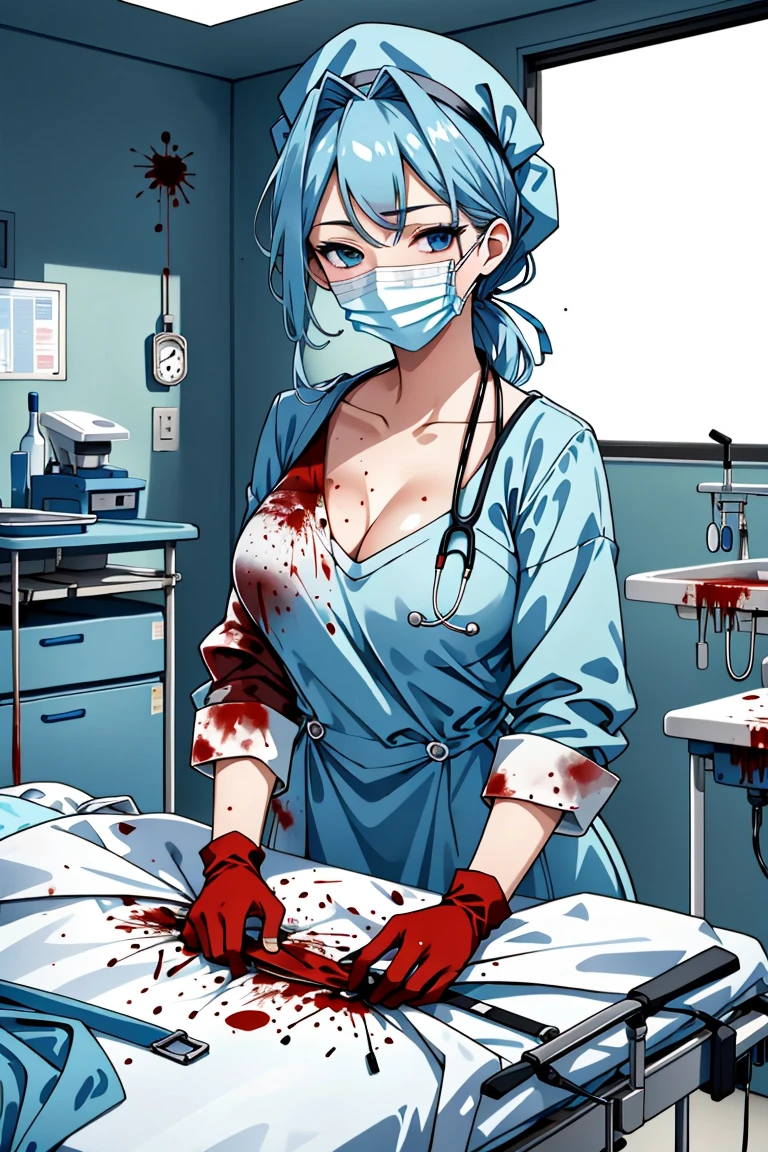 ((masterpiece, best quality,lower_body)), operating table,medical monitors,hospital bed,  <lora:Ryouko Makimura:0.7> (ryouko makimura, 1girl, solo, blue hair, blue eyes, long hair, collarbone, cleavage,mature_female), <lora:bloody_surgeon_v1:0.8>  (bloody_surgeon_v1.0, gloves, mask, surgical mask,surgical cap, stethoscope,latex,long sleeves), blood on face,blood, blood on clothes,