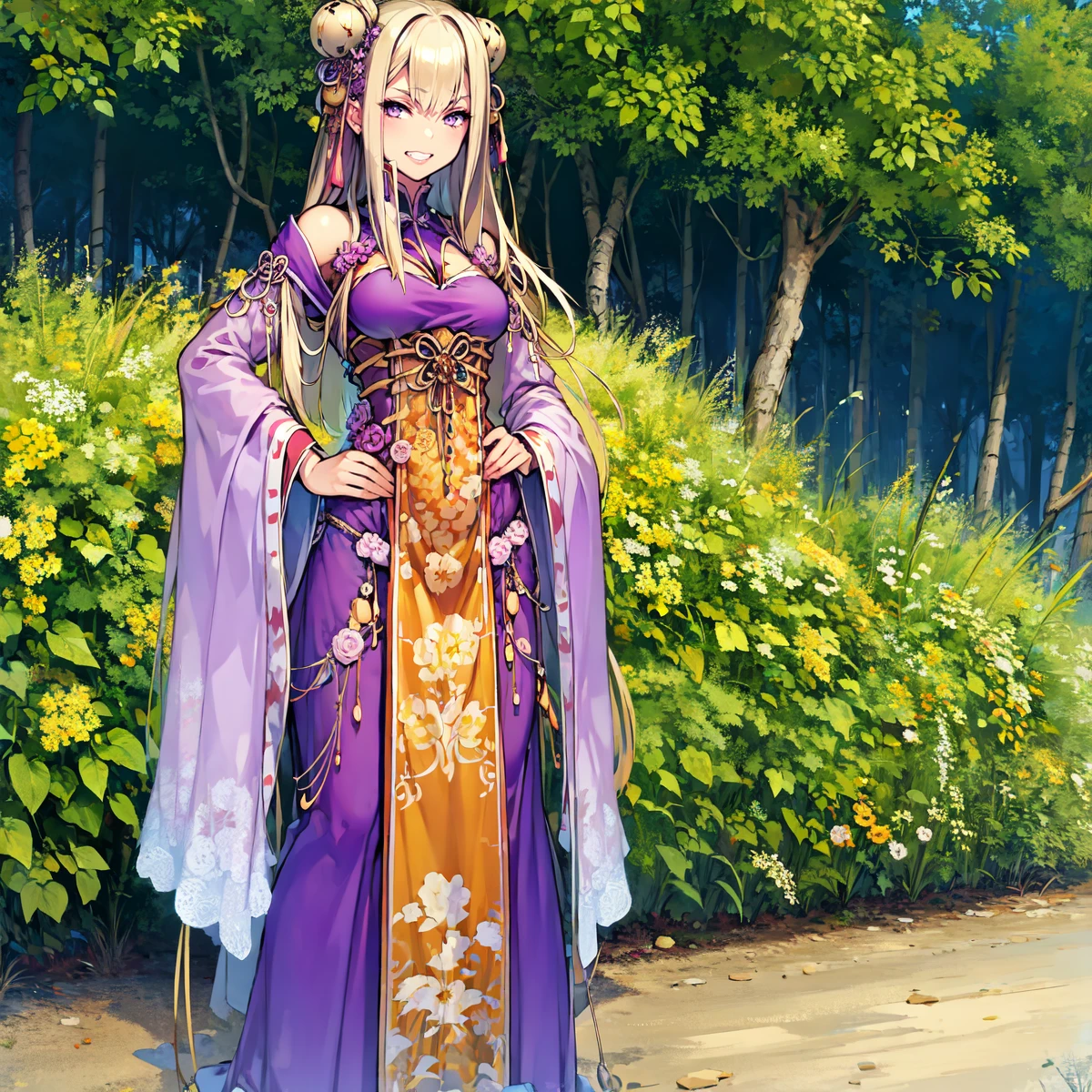 masterpiece, anime screencap, 1 girl, solo, long hair, blonde hair, chinese clothes, purple clothes, full body, cowboy shot, outdoors, desert, smug, teeth, croosed arms, full body <lora:xie_yingluo:1>
