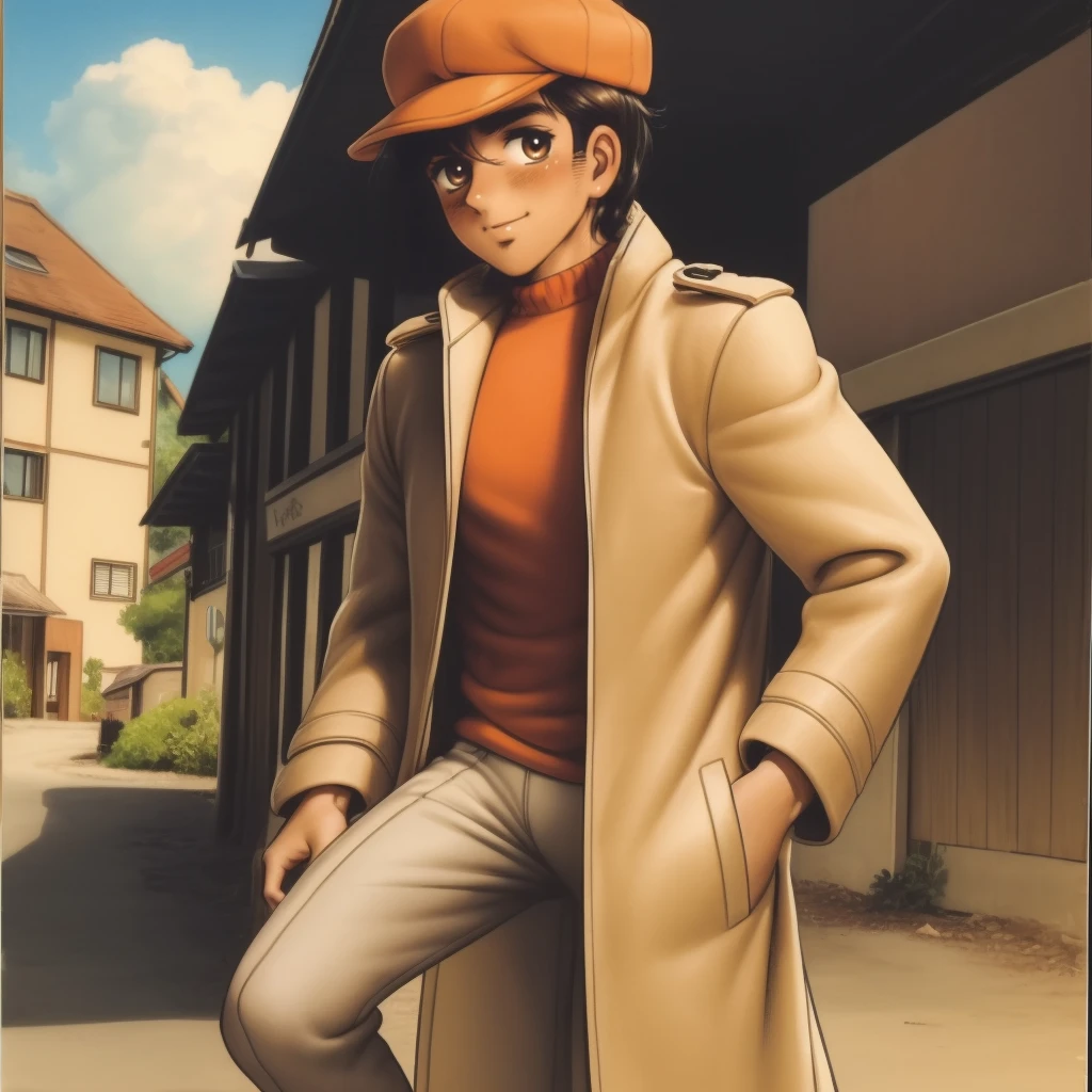 (masterpiece, best quality:1.3), 1boy, solo, looking at viewer, mature man, closed mouth, smile, Yabuki Joe, black hair, orange shirt, bangs, brown eyes, hat, orange hat, jacket, popped collar, open clothes, cap, trench coat  cowboy shot, full body, town, <lora:Yabuki Joe:.7>