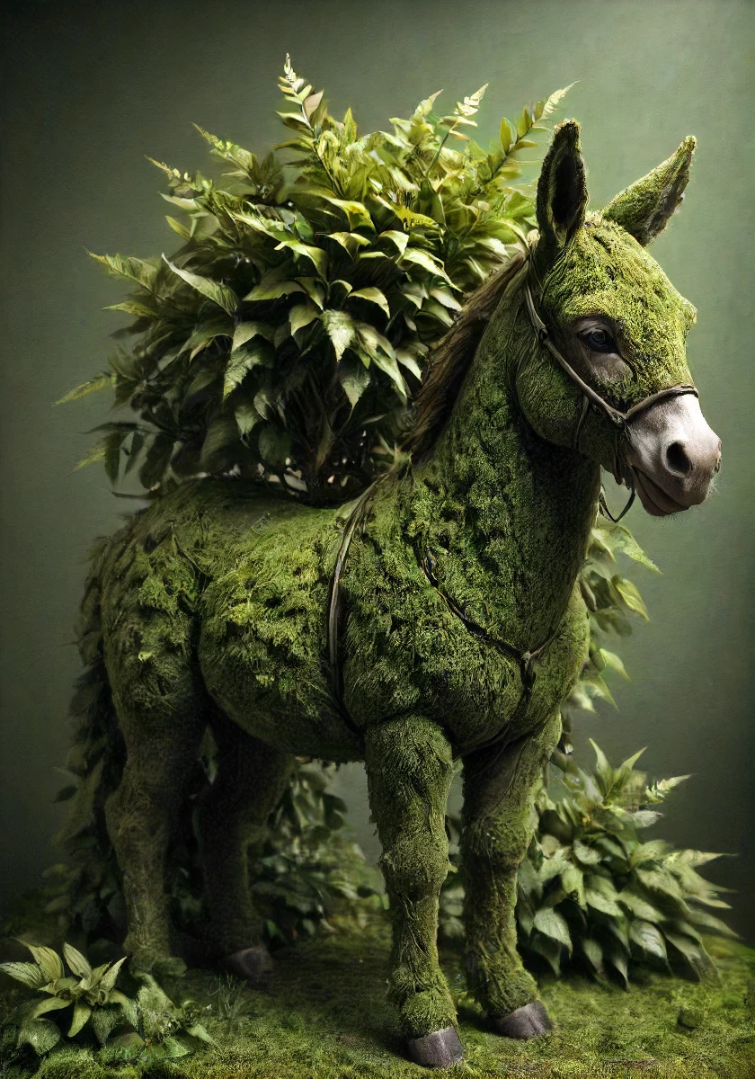 a donkey made out of shrubbery and (twigs:1.1) and branches, <lora:- SDXL - shrubbery_n_green-stuff_V1.0:.7>