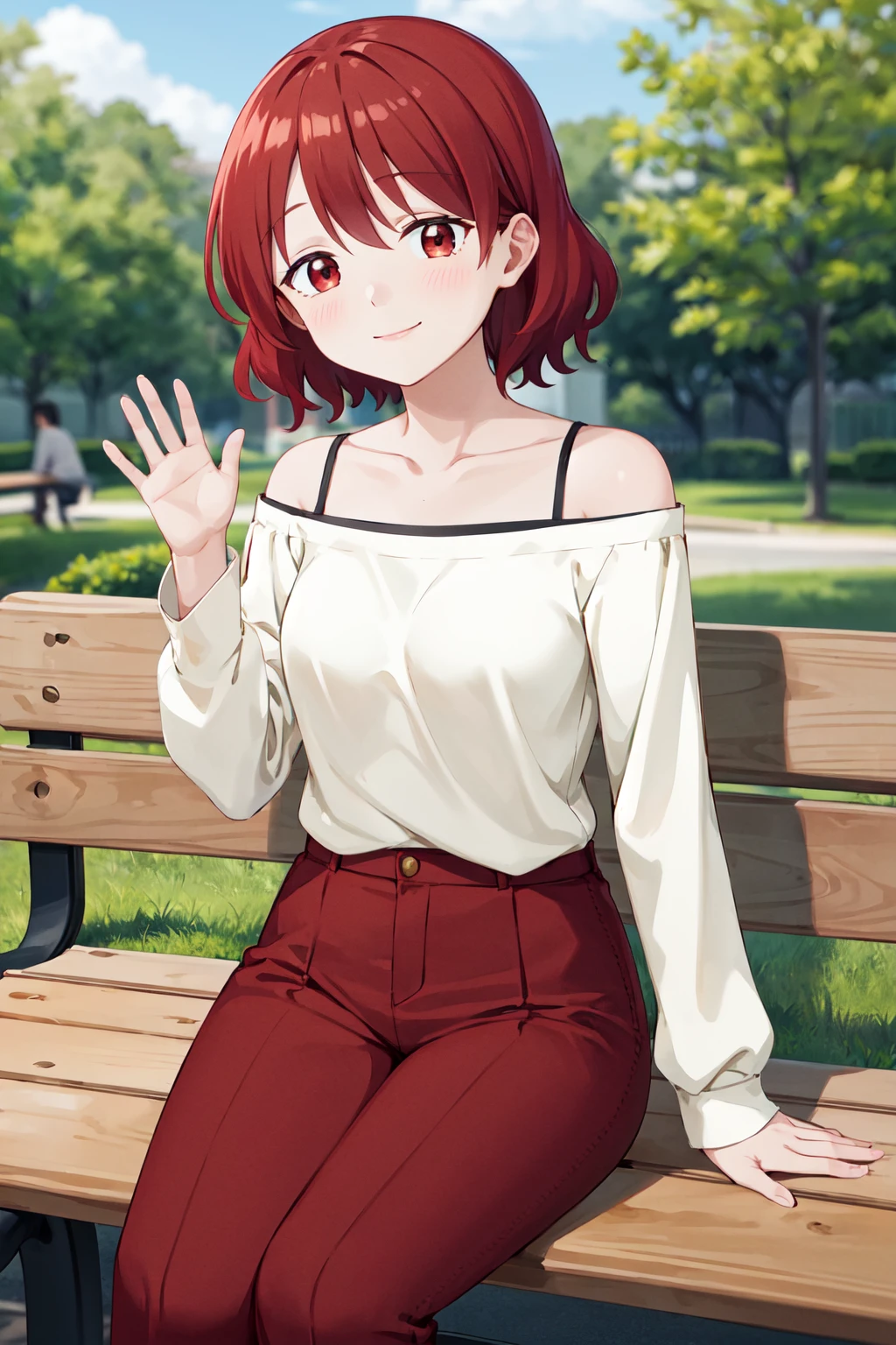 masterpiece, best quality, highres, aaakina, short hair, collarbone, bare shoulders, off-shoulder shirt, white shirt, long sleeves, red pants, <lora:kubo_akina_v1:0.7>, smile, sitting, bench, outdoors, waving