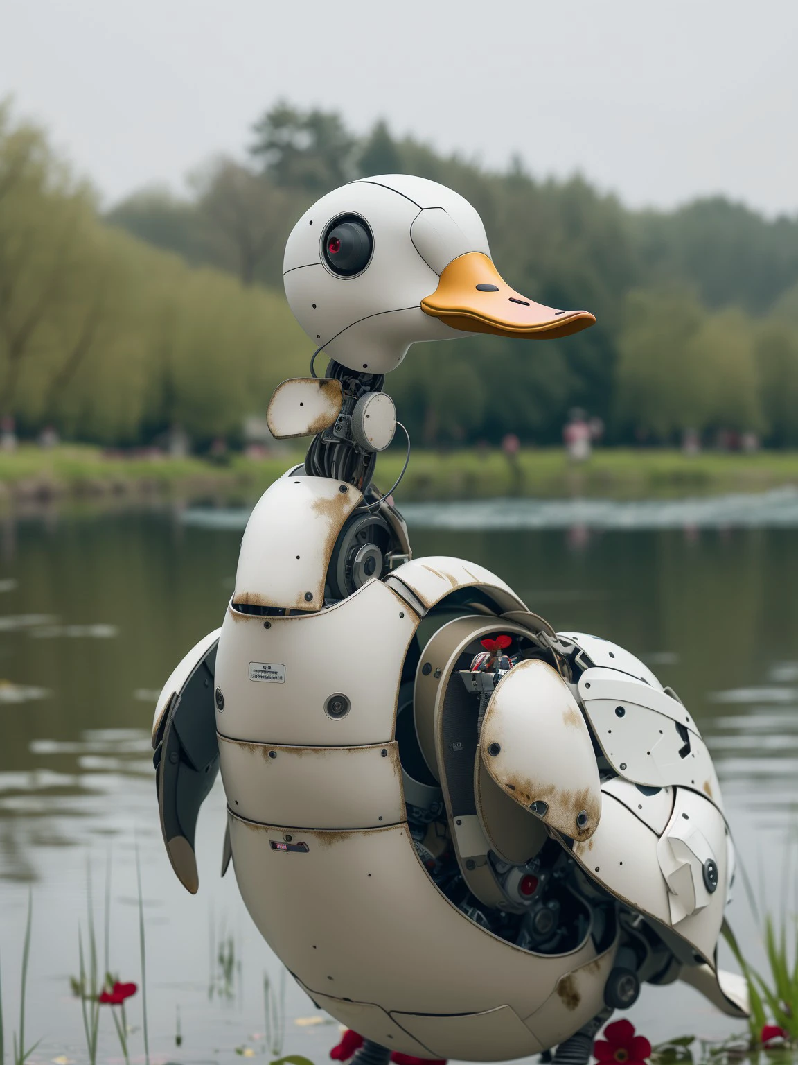 masterpiece, high quality, A robot duck, by lake, flowers <lora:J_sci-fi-000014:0.8> j_sci-fi