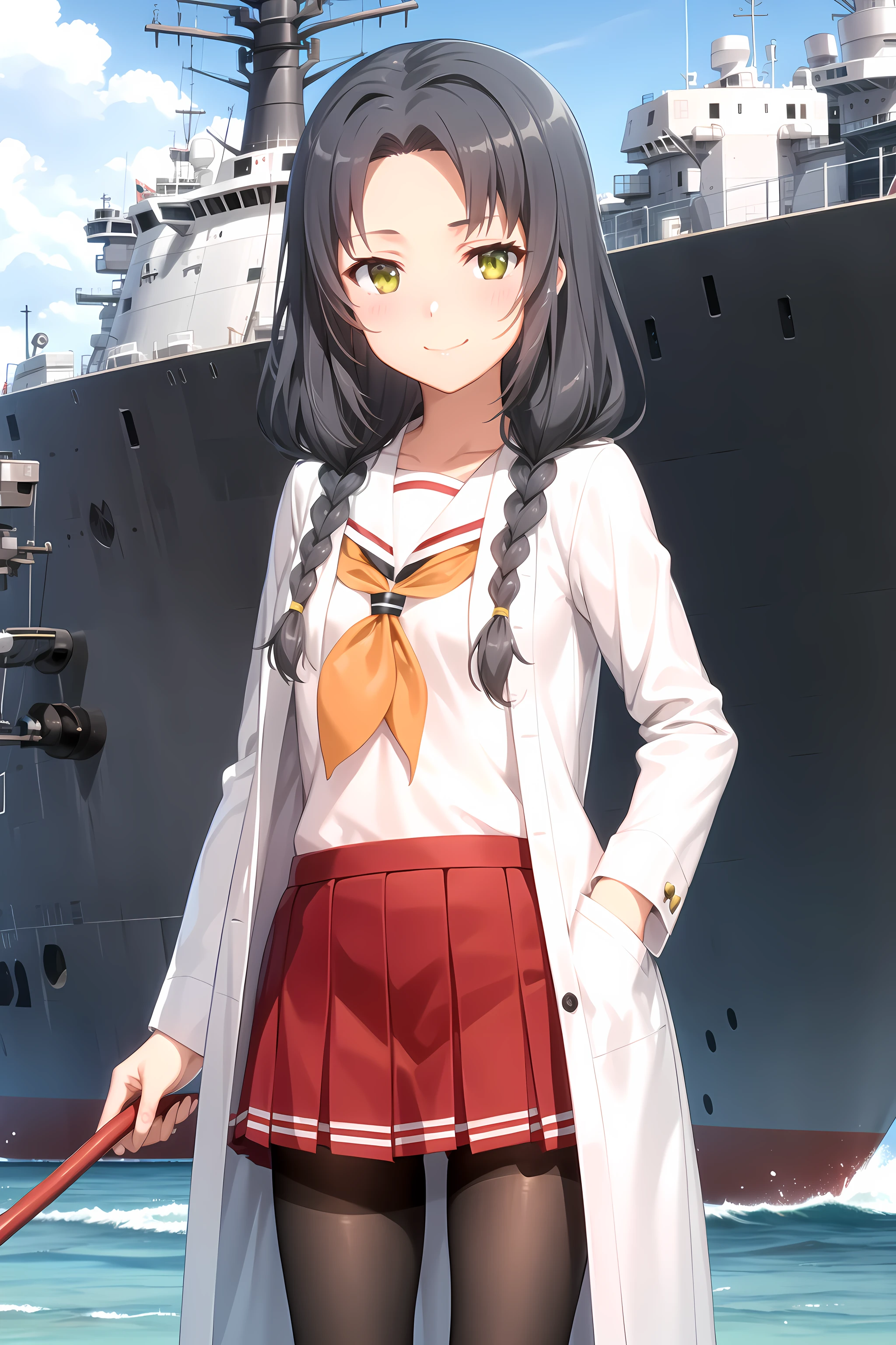 best quality, masterpiece, detailed,
<lora:HighSchoolFleet_KaburagiMinami_1:0.9>, KaburagiMinami,
1girl, closed mouth, light smile,
grey hair, green eyes, twin braids, forehead,
serafuku, labcoat, orange neckerchief, red skirt, pantyhose,
standing, looking at viewer, facing viewer, arms at sides,
ocean, (ship, military vehicle:1.2)