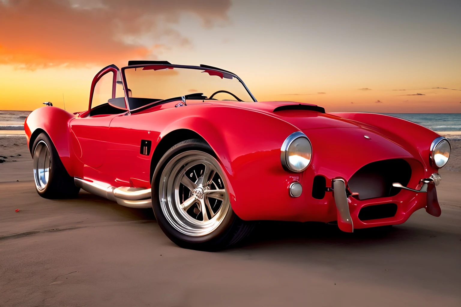 photo of an sc427, candy apple red , parked at the beach at sunset <lora:1965_Shelby_Cobra_427_by_IMAK:.9>