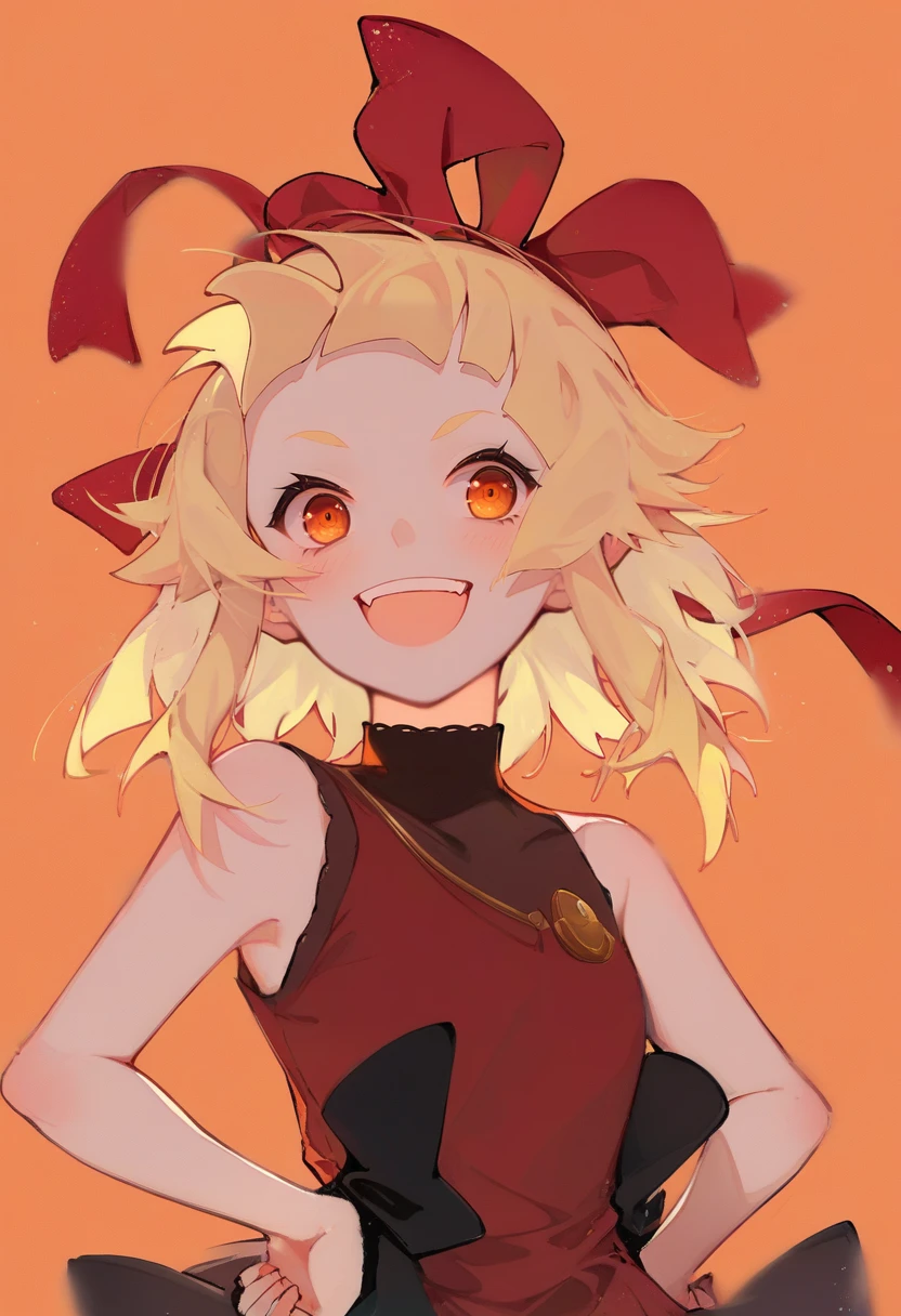 score_9, score_8_up, score_7_up, score_6_up, score_5_up, score_4_up, masterpiece, best quality, <lora:DPOXL:1> <lora:sola7764XL_AP_V1:1>1girl, blonde hair, solo, dress, short hair, hands on hips, smile, open mouth, looking at viewer, red dress, simple background, sleeveless, oshino shinobu, sleeveless dress, bangs, orange eyes, :d, fang, blush, bare shoulders, orange background, ribbon, blunt bangs, upper body, teeth
