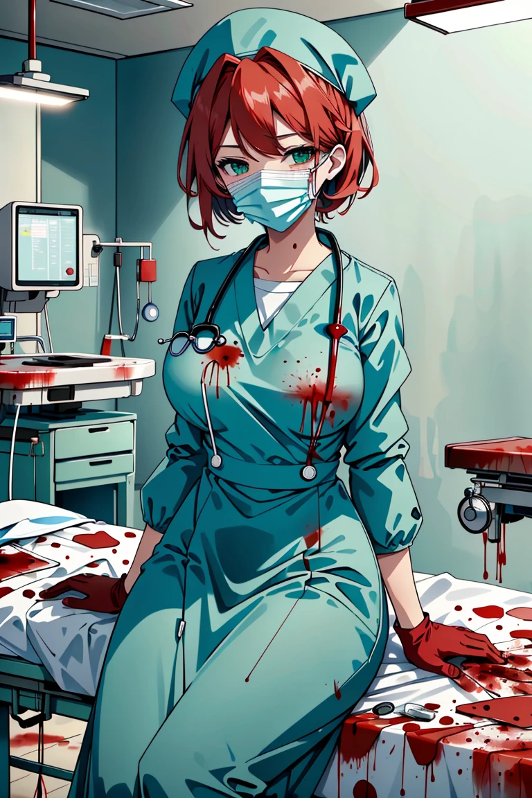 ((masterpiece, best quality,lower_body)), operating table,medical monitors,hospital bed, <lora:Kazumi Takayama:0.7> (kazumi takayama, short hair, green eyes, red hair, large breasts), <lora:bloody_surgeon_v1:0.8>  (bloody_surgeon_v1.0, gloves, mask, surgical mask,surgical cap, stethoscope,latex,long sleeves), blood on face, blood on clothes,