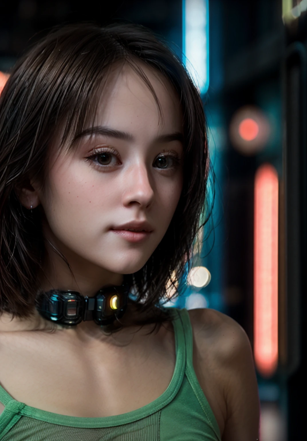 Cinematic photo {The cute female artificial intelligence jules_ari, (Cyberpunk: Orwelian)} . 35mm photograph, film, bokeh, professional, 4k, highly detailed, <lora:jules_ari-15:1>,