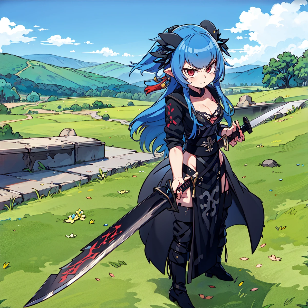 1 skinny girl, solo, light blue hair, (red and purple heterochromia), (red left eye and dark purple right eye:1.4), bending back, looking at viewer, BREAK, black plunging neckline short dress, dark yellow cropped jacket, black thighhighs, BREAK, (bouncing unaligned huge breasts:1.5), cleavage, very short torso, (inconceivably narrow waist), thin long legs, BREAK, holding a spear, BREAK, nsfw, (show off crotch:1.4), (excessive pussy juice:1.3), BREAK, desert, desert storm, strong wind, rocks at background