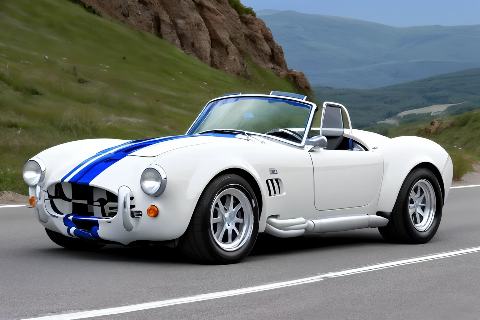 photo of an sc427, white with blue stripes convertible sports car, driving on a curvy mountain road , a man sitting in the driver's seat <lora:1965_Shelby_Cobra_427_by_IMAK:.7>