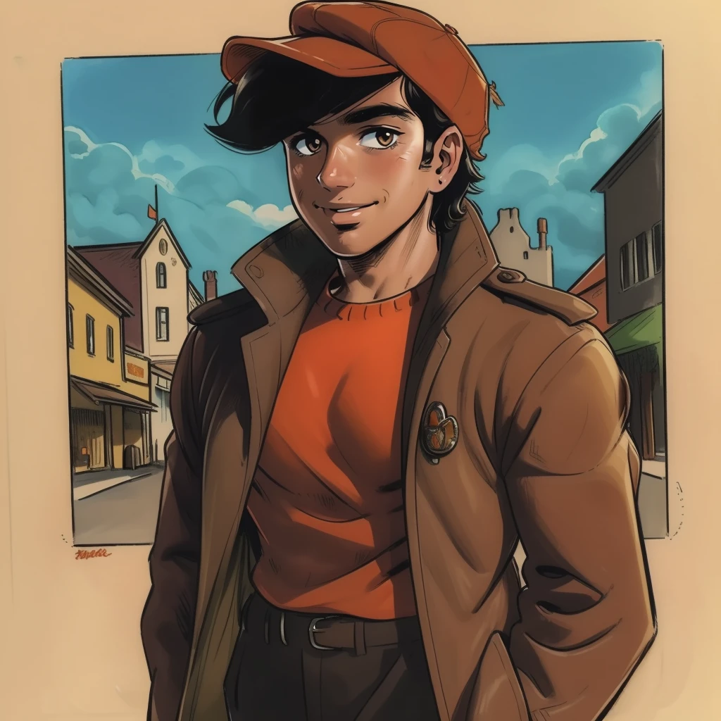 (masterpiece, best quality:1.3), 1boy, solo, looking at viewer, mature man, closed mouth, smile, Yabuki Joe, black hair, orange shirt, bangs, brown eyes, hat, orange hat, jacket, popped collar, open clothes, cap, trench coat cowboy shot, full body, town, <lora:Yabuki Joe:.7>