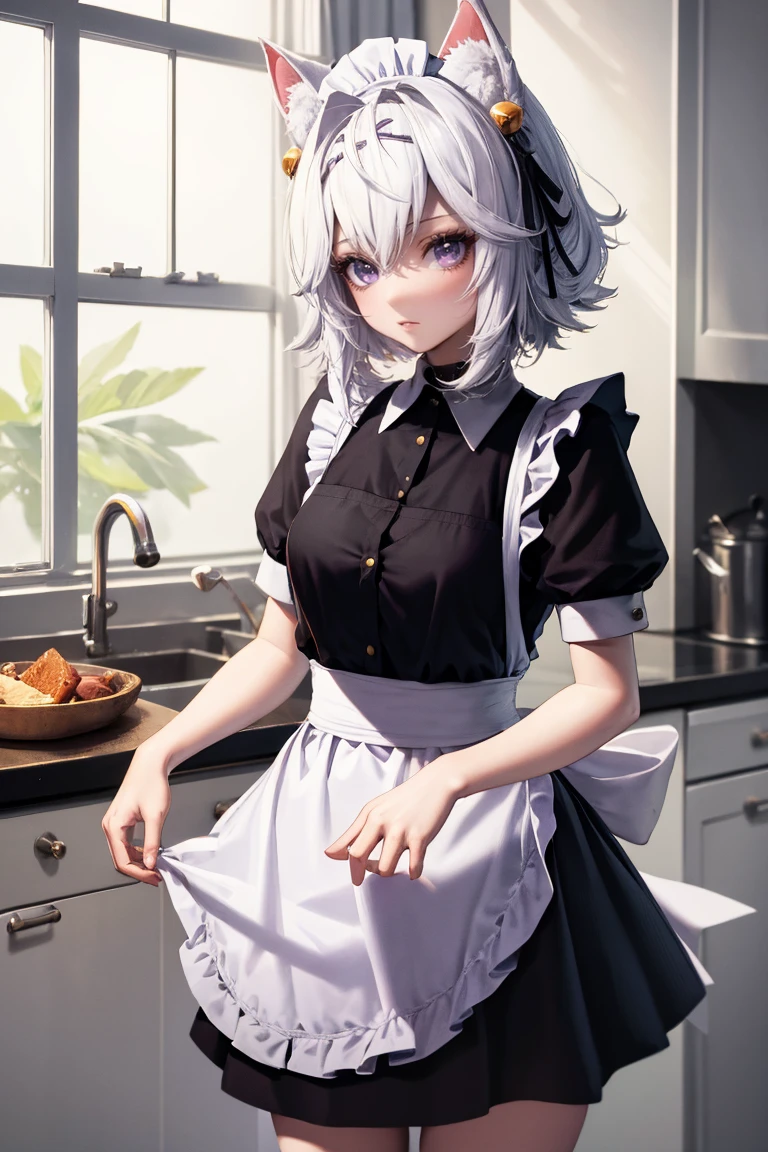 masterpiece, best quality, absurdres, Filian, purple eyes, hairclip, hair bell, maid, maid headdress, maid apron, kitchen, <lora:CHAR-Filian:1>