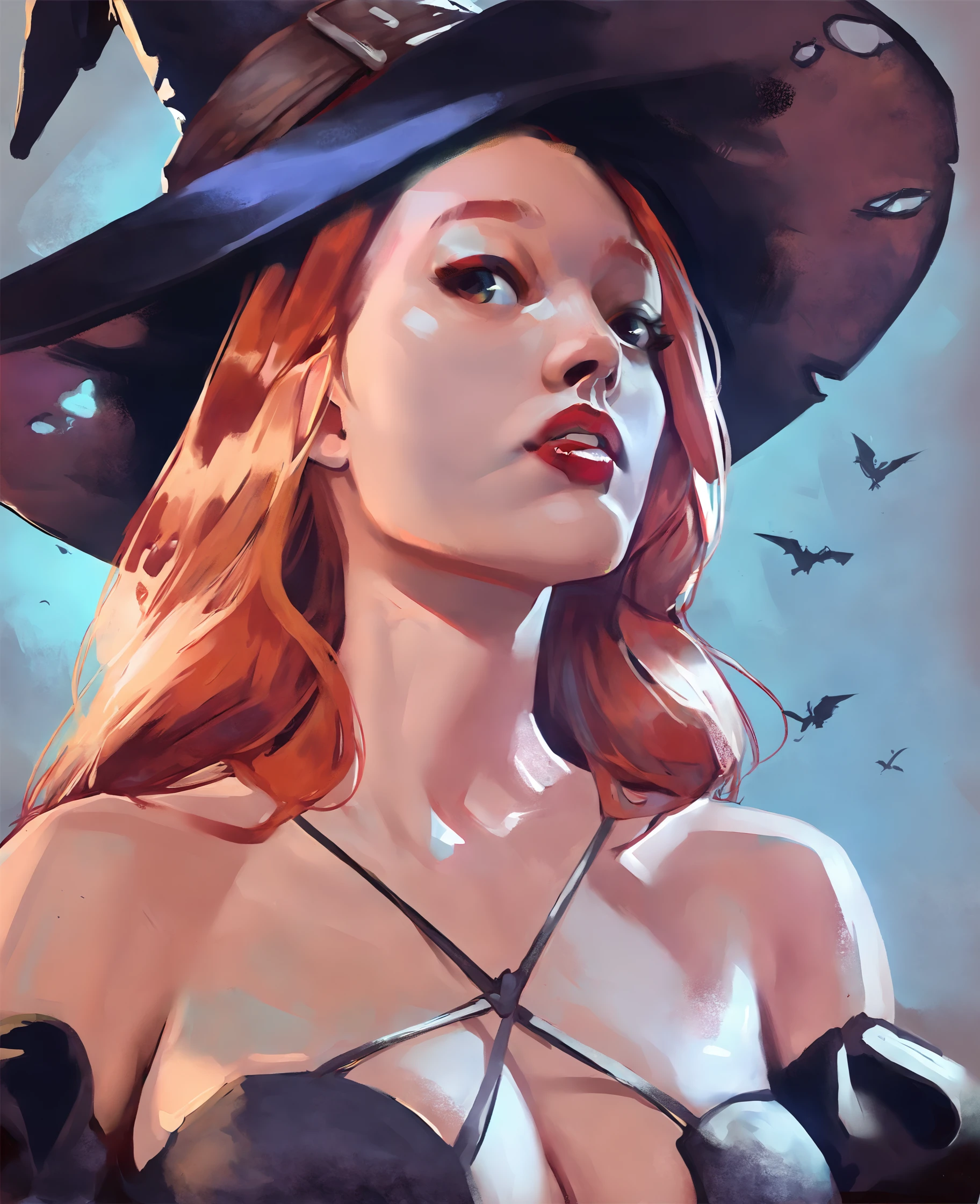 1girl, solo, dynamic portrait, A portrait of a witch, red lips, long hair, breasts, cleavage, bare shoulders, , redhead, parted lips,
upper body portrait, witch hat, bangs, detached sleeves,
simple background,
score_9, score_8_up, score_7_up, score_6_up, score_5_up, score_4_up, source_cartoon, rating_questionnable,
<lora:KostV1:1>