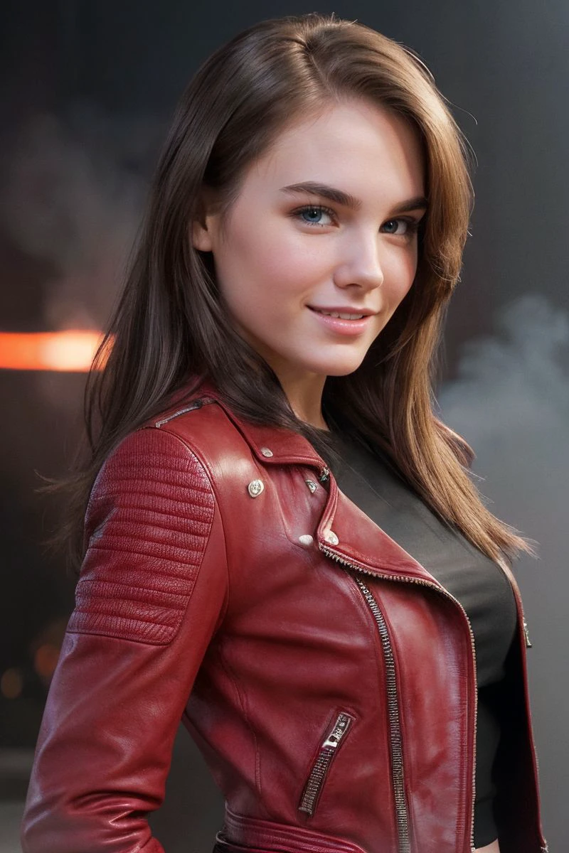 closeup headshot of S320_NatalieKnight,an attractive woman,in front of (red-smoke:1.1),wearing a (leather-jacket:1.1),(smiling),(4k, RAW photo, best quality, depth of field, ultra high res:1.1),(absurdres, intricate, photorealistic, masterpiece, ultra-detailed:1.1),